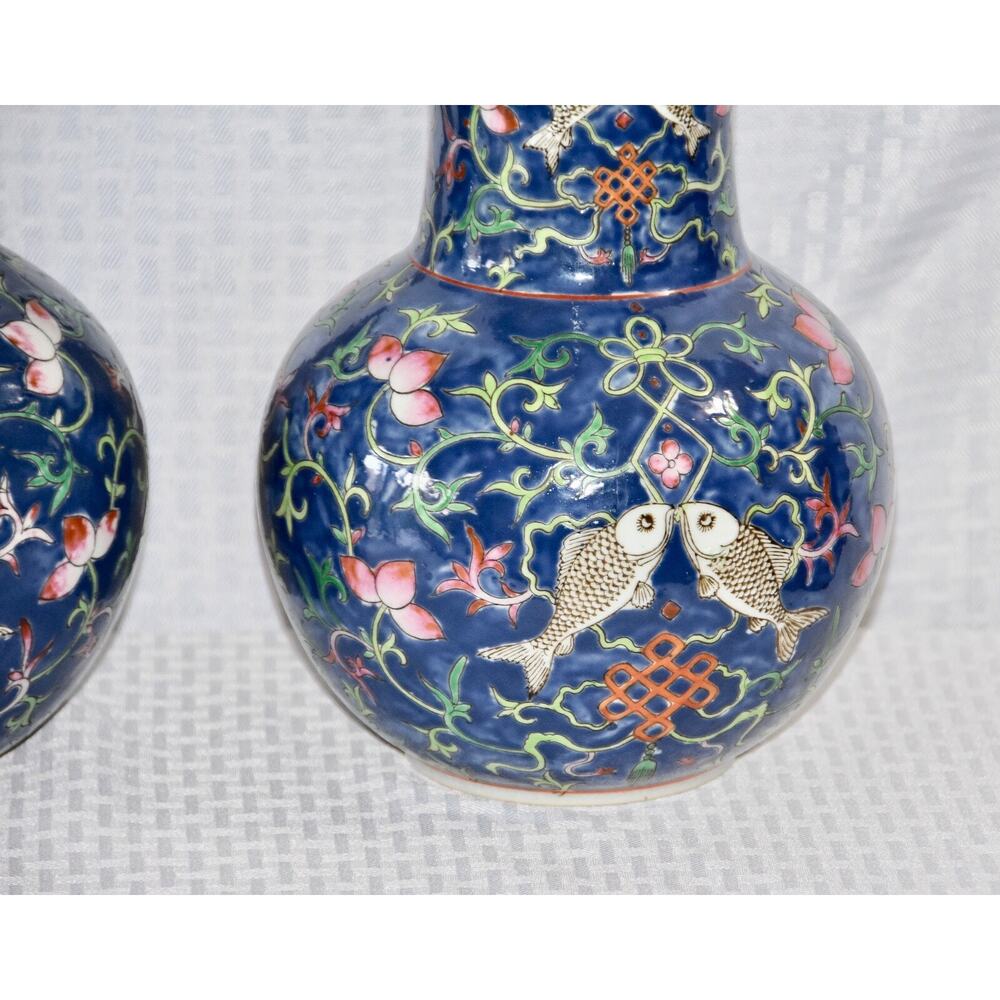 Japanese Enamelled Ceramic Hand Painted Peaches and Fish Trumpet Vase - Picture 3 of 7